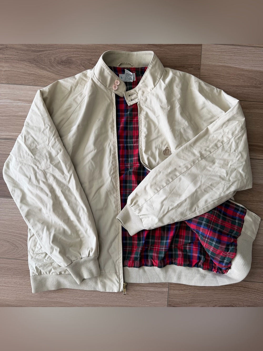 Vintage Izod Plaid Lined Tan Harrington Bomber Jacket